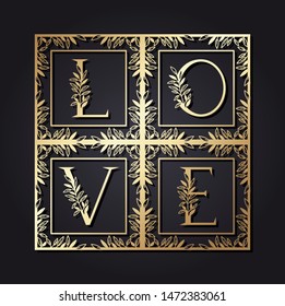 love word in square frame with leafs