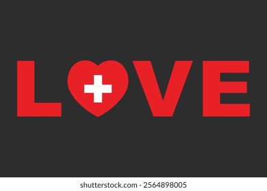 Love Word with Switzerland heart shape, Switzerland flag vector graphic, Switzerland country flag is a symbol of freedom, National Switzerland flag, vector illustration
