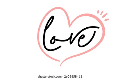 Love word text with doodle linear heart on the background.