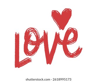 Love word text with heart love handwritten doodle lettering phrase or quote. red message saying text. Hand drawn print clipart. Vector illustration