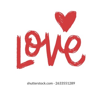 Love word text with heart love handwritten doodle lettering phrase or quote. red message saying text. Hand drawn print clipart. Vector illustration