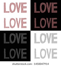 Love word text in various hand scribbled hand drawn styles displayed on a white and black background with red color and black and white styles vector illustration design elements