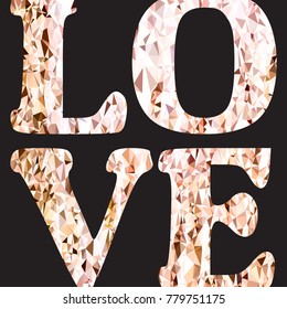 Love word typography, gold glitter isolated on black background. Template, greeting card, Valentines day theme