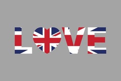 Love Word With UK Heart Shape, United Kingdom Flag, The British Flag, United Kingdom Sign, National Flag Of Great Britain, Flag Of United Kingdom, Colorful, Standard Color, Vector Illustration
