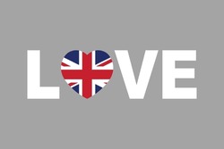 Love Word With UK Heart Shape, United Kingdom Flag, The British Flag, United Kingdom Sign, National Flag Of Great Britain, Flag Of United Kingdom, Colorful, Standard Color, Vector Illustration
