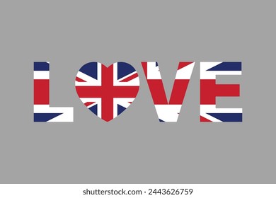 Love Word with UK heart shape, United Kingdom flag, The British flag, United Kingdom sign, national flag of Great Britain, Flag of United Kingdom, Colorful, Standard color, Vector illustration
