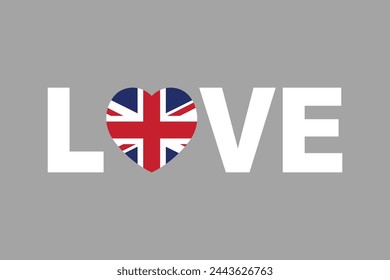 Love Word with UK heart shape, United Kingdom flag, The British flag, United Kingdom sign, national flag of Great Britain, Flag of United Kingdom, Colorful, Standard color, Vector illustration
