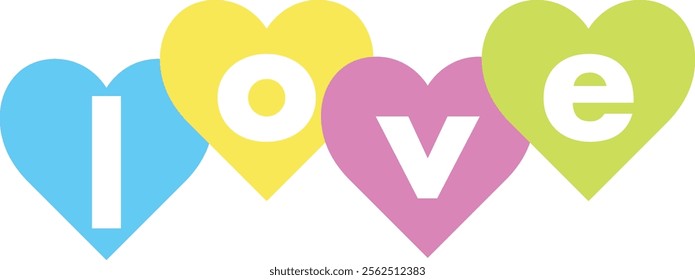 love word white color on heart shape cyan yellow purple and green color isolated on white background.