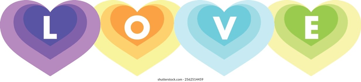 love word white color on heart shape cyan yellow purple and green color isolated on white background.