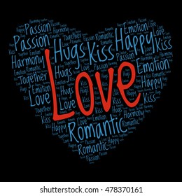 Love words cloud in heart shape. Vector illustration.