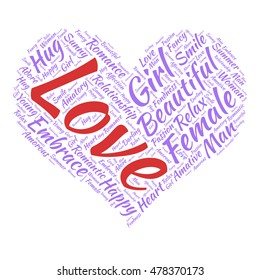 Love words cloud in heart shape. Vector illustration.