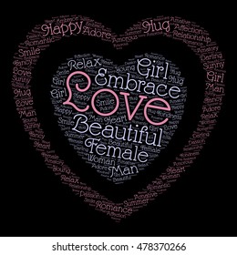 Love words cloud in heart shape. Vector illustration.