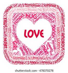 Love words cloud in heart shape. Vector illustration.