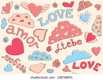 Love words in different languages and different hearts pattern. Gentle colors. Colorful background. Valentine Day. Vector illustration.