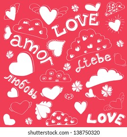 Love words in different languages and different hearts silhouette seamless pattern. Valentine Day. Vector illustration.