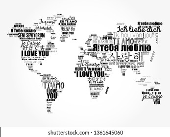 Love words "I love you" in different languages in shape of World Map, word cloud concept background