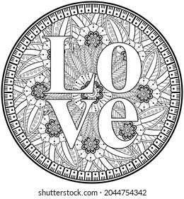 love words with mehndi flowers for coloring book page doodle ornament