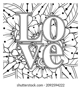 Love words with mehndi flowers for coloring book page doodle ornament