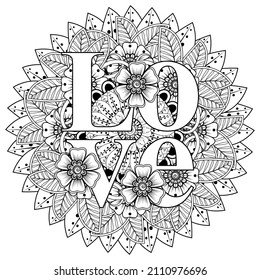 Love words with mehndi flowers for coloring book page doodle ornament