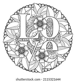Love words with mehndi flowers for coloring book page doodle ornament