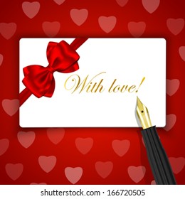 With love! words on luxury gift card and fountain pen on red hearts background. Vector illustration