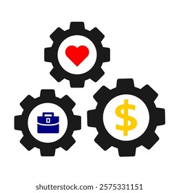 Love Work and Money with gear icon clip art vector illustration. Black Gear silhouette