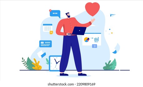 Love work - Satisfied man standing with computer enjoying his job and career. Job satisfaction concept, cartoon vector illustration in flat design with white background