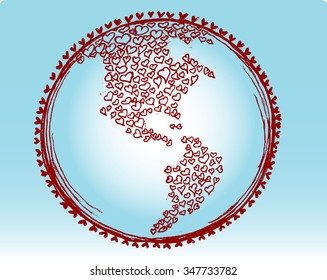 Love the World - Abstract Concept, cluster of hearts forming US map and globe, vectorized from my sketch