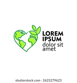 Love world logo. Green earth planet concept, world ecology, nature global protect, logo eco environment, globe with leafs, thin line simple web symbol on white background