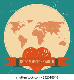 Love the world. Vector background illustration of Earth made of hearts pattern. Retro vintage map of the world.