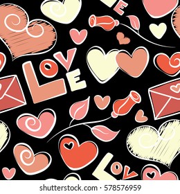 Love wrapping design, romantic wedding endless ornament. Vector hearts doodle pattern, Valentines day seamless background, hand drawn hearts, love text and letters in pink and orange colors on black.