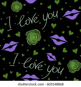 Love wrapping design, romantic wedding endless ornament. Vector hearts doodle pattern, Valentines day seamless background, hand drawn roses, hearts and love text in violet and green colors on a black.