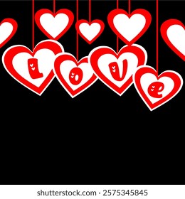 Love writing and calligraphy with red and white heart symbol, and black background. Vector Format