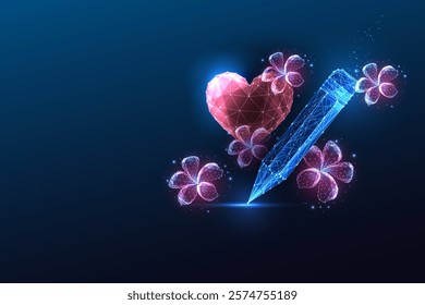 Love for writing concept with glowing red heart, sparkling flowers, and blue pencil on dark blue background. Abstract low-poly digital art. Storytelling, creativity, teaching. Vector illustration.