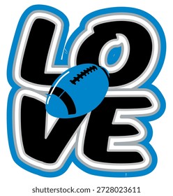 AMOR escrito em letras negrito e arredondadas com uma bola de futebol no centro da palavra. Design gráfico esportivo para fãs, com   cores azul, preto e prata, perfeito para os entusiastas do futebol