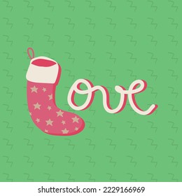 "love" written in christmas theme, christmas sock, green background. minimalist and fun concept