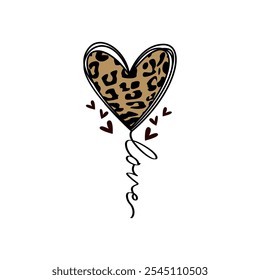 Amor. Escrito na ponta de um balão em forma de coração com leopardos subindo. Vetor para serigrafia, dtg, dtf, t-shirts, sinais, banners, Subimation Jobs ou para qualquer aplicação