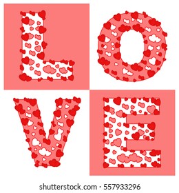Love written with red hearts. Vector Valentine day card.