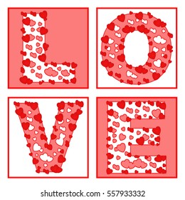 Love written with red hearts. Vector Valentine day card.