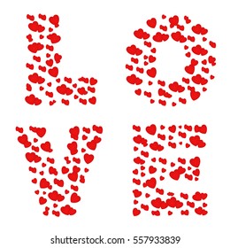 Love written with red hearts. Vector Valentine day card.