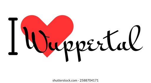 I love Wuppertal, city of Germany. Hand drawn letters with red heart. Vector illustration lettering, modern design for print t shirt, banner, poster, sticker or label.