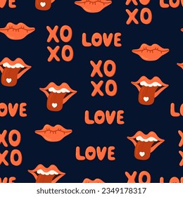 Love XOXO handwritten phrase, red female lips vector seamless pattern. Cartoon Valentines day Romantic texture background