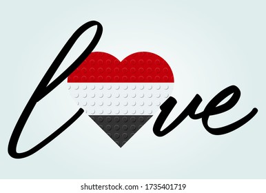 Love Yemen Text. Flag in heart. Calligraphy text. From plastic building toy bricks or blocks. Vector illustration.