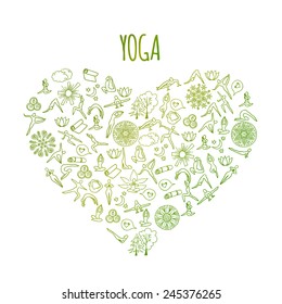 I love Yoga concept. Heart made from hand drawn doodle yoga symbols, icons and asanas. Vector illustration for your design