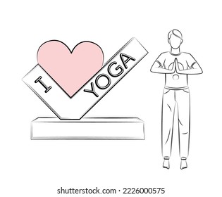 I love yoga. Man stands with his hands folded on his chest in simple asana. Spiritual balance, meditation, breathing exercises. Concept of harmony and tranquility in heart and thoughts. Linear sketch