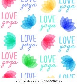 love yoga seamless pattern with handwritten slogan and lotus flowers on white background, cute cartoon sign, editable vector illustration for decoration, print, fabric, textile, poster