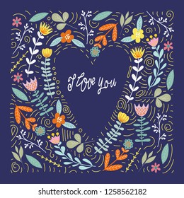 I love you, abstract doodle flowers and leaves in the shape of a heart with hand draw lettering, flat vector illustration