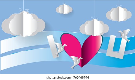 I love you abstract icon - vector illustration.Paper art Red heart with fluffy clouds and birds in the sky.