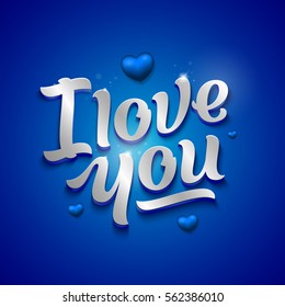 I Love You Abstract Vector 3D Greeting Card. Hand Made Premium Quality Lettering with Hearts. Soft Shadows and Lights. Silver on Blue Background.