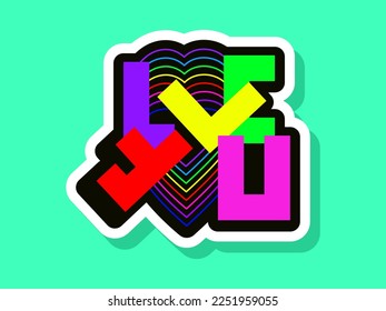 Love you acid sticker with rainbow heart and geometric letters.